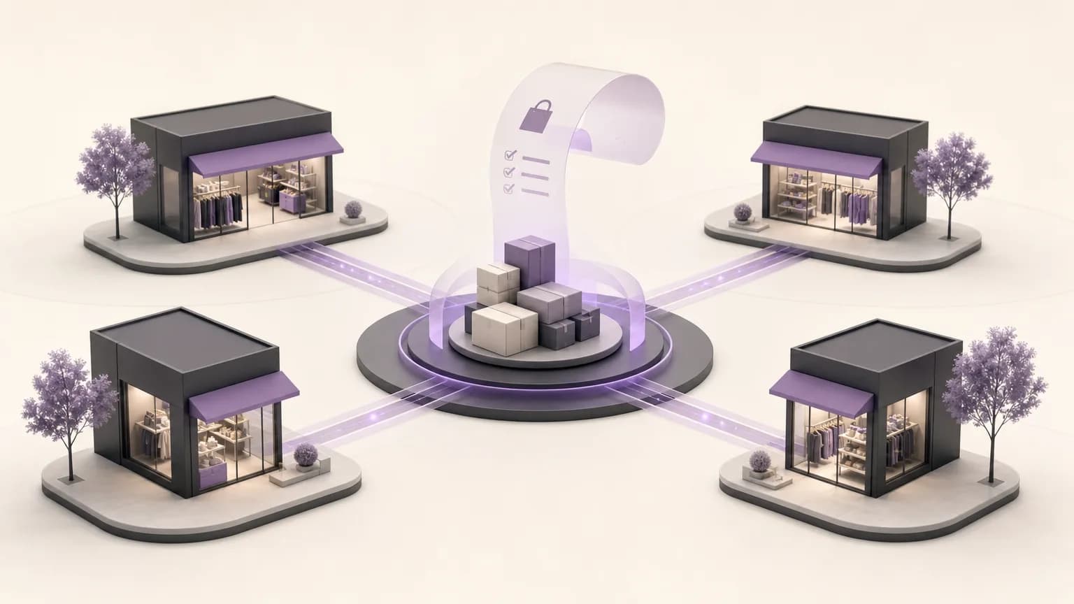 Editorial illustration connecting branches with sales, orders, and inventory availability in ivory, charcoal, and muted purple tones