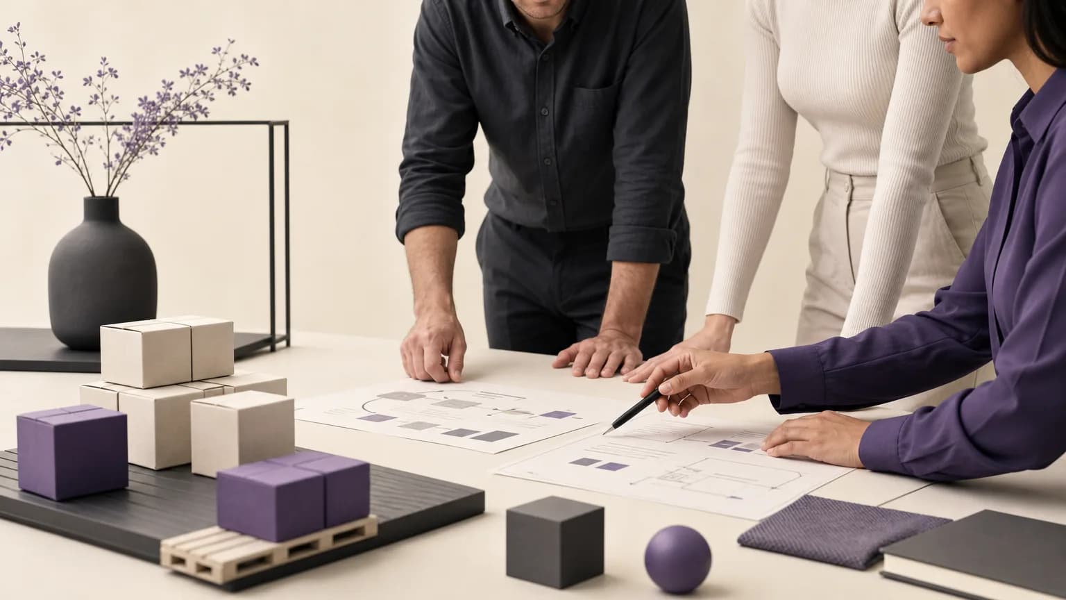 Operations team reviewing reserved inventory and inactive orders in an ivory, charcoal, and muted purple workspace