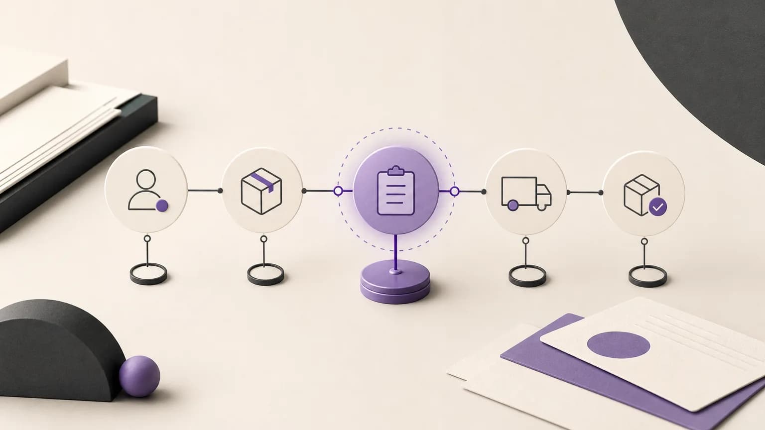 Editorial illustration of an order follow-up flow with one pending stage in ivory, charcoal, and muted purple