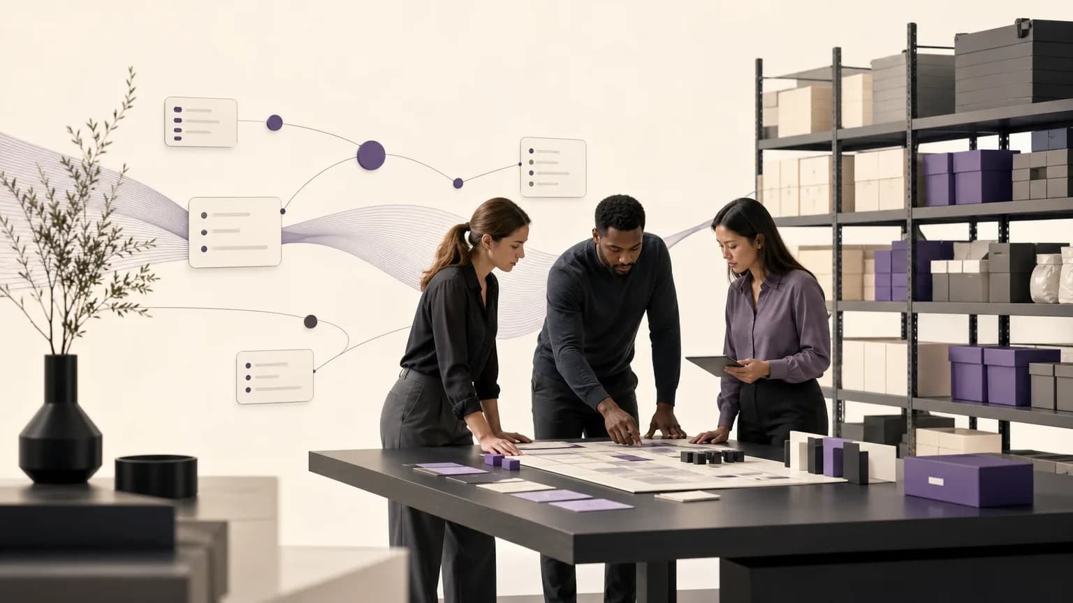 Sales and inventory teams reviewing reserved quantities and connecting them to order statuses around a shared operating view, in ivory, charcoal, and calm muted purple tones.
