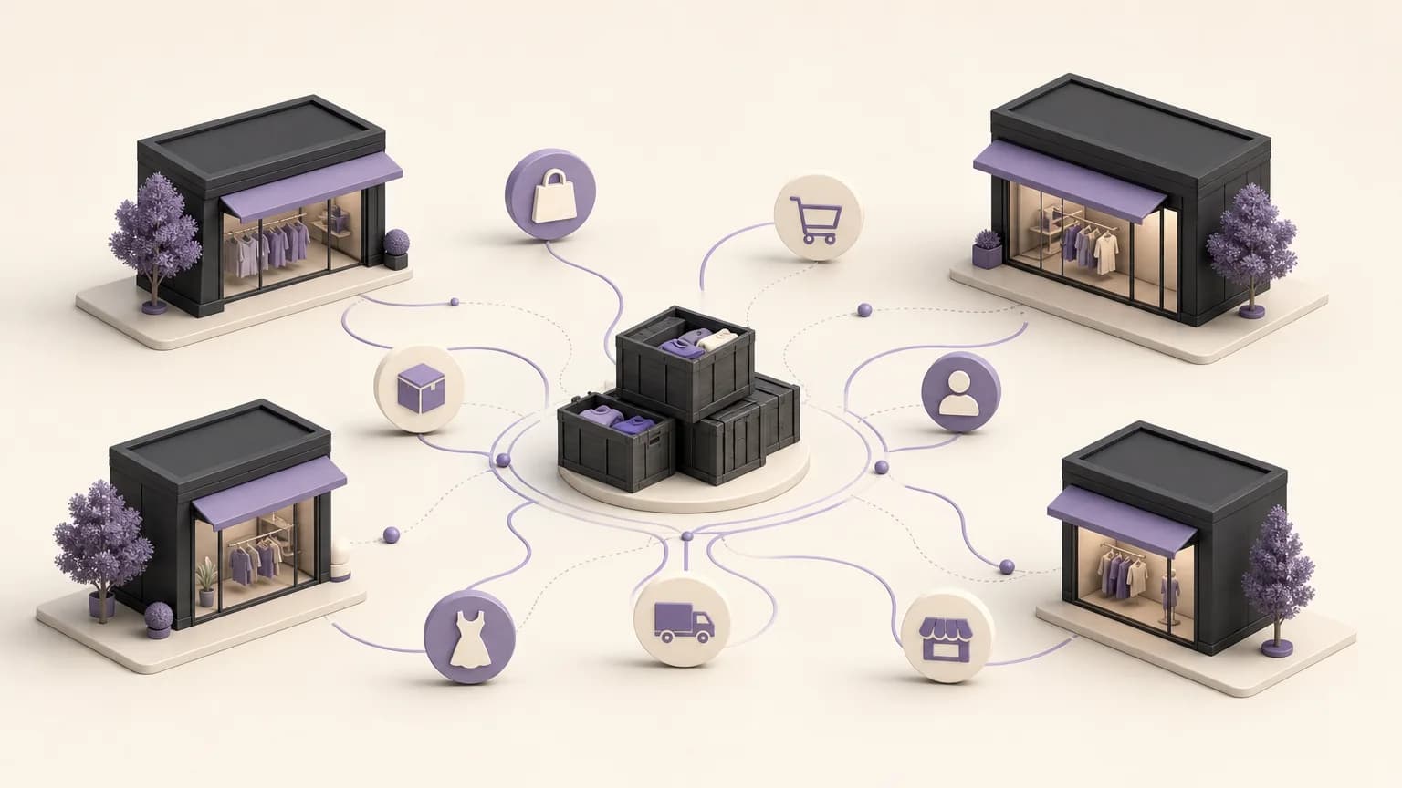 Editorial illustration showing sales and inventory movement being compared across multiple branches in ivory, charcoal, and muted purple