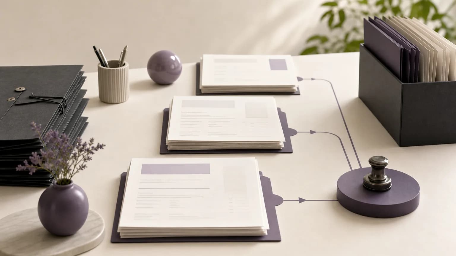 Invoices and order documents arranged on an ivory desk with a calm visual path for exception review