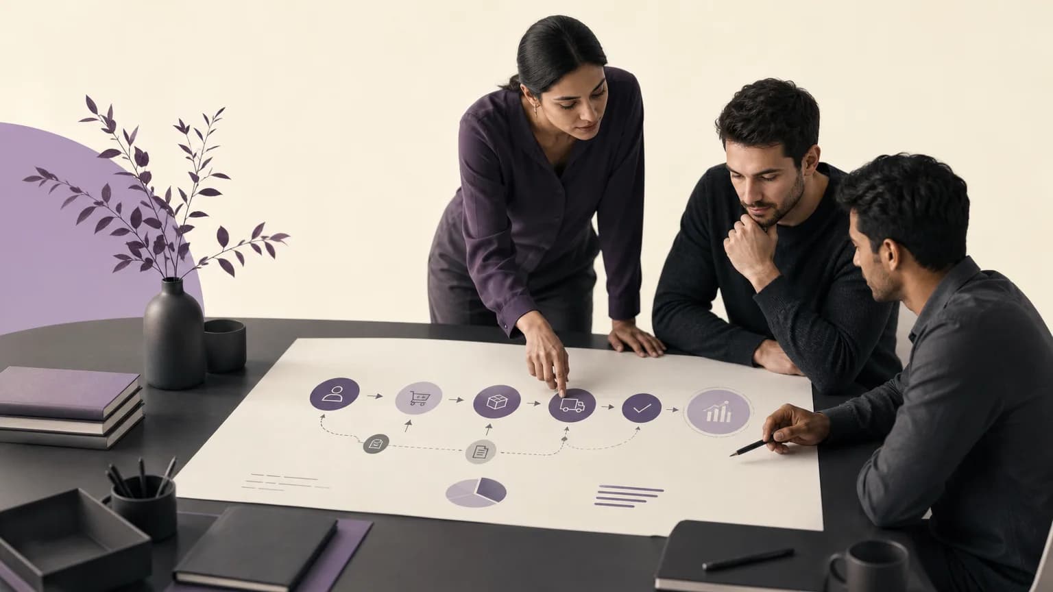 A team reviewing a customer follow-up workflow and order reports in ivory, charcoal, and muted purple tones