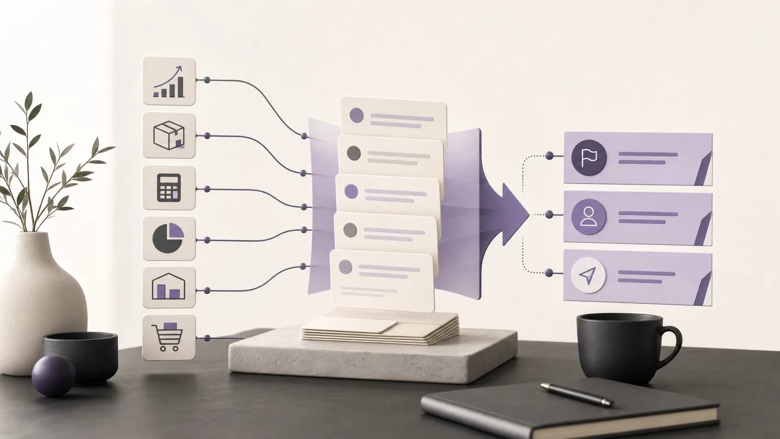 Editorial illustration of quote review and follow-up prioritization in a connected operations workspace using ivory, charcoal, and muted purple