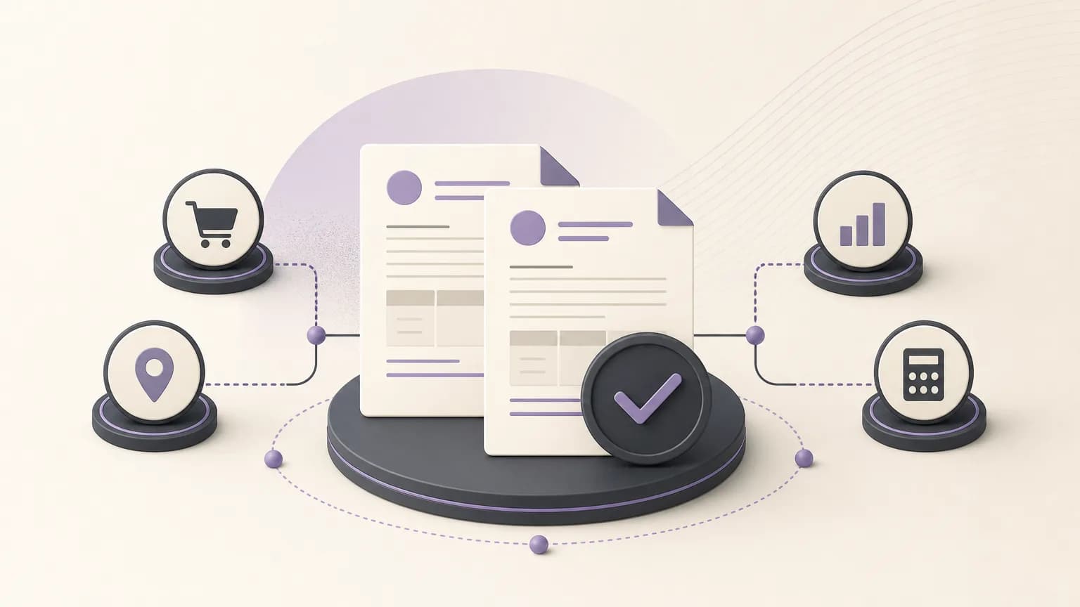 Illustration of reviewing two similar invoices and connecting them to orders, accounting, and branches