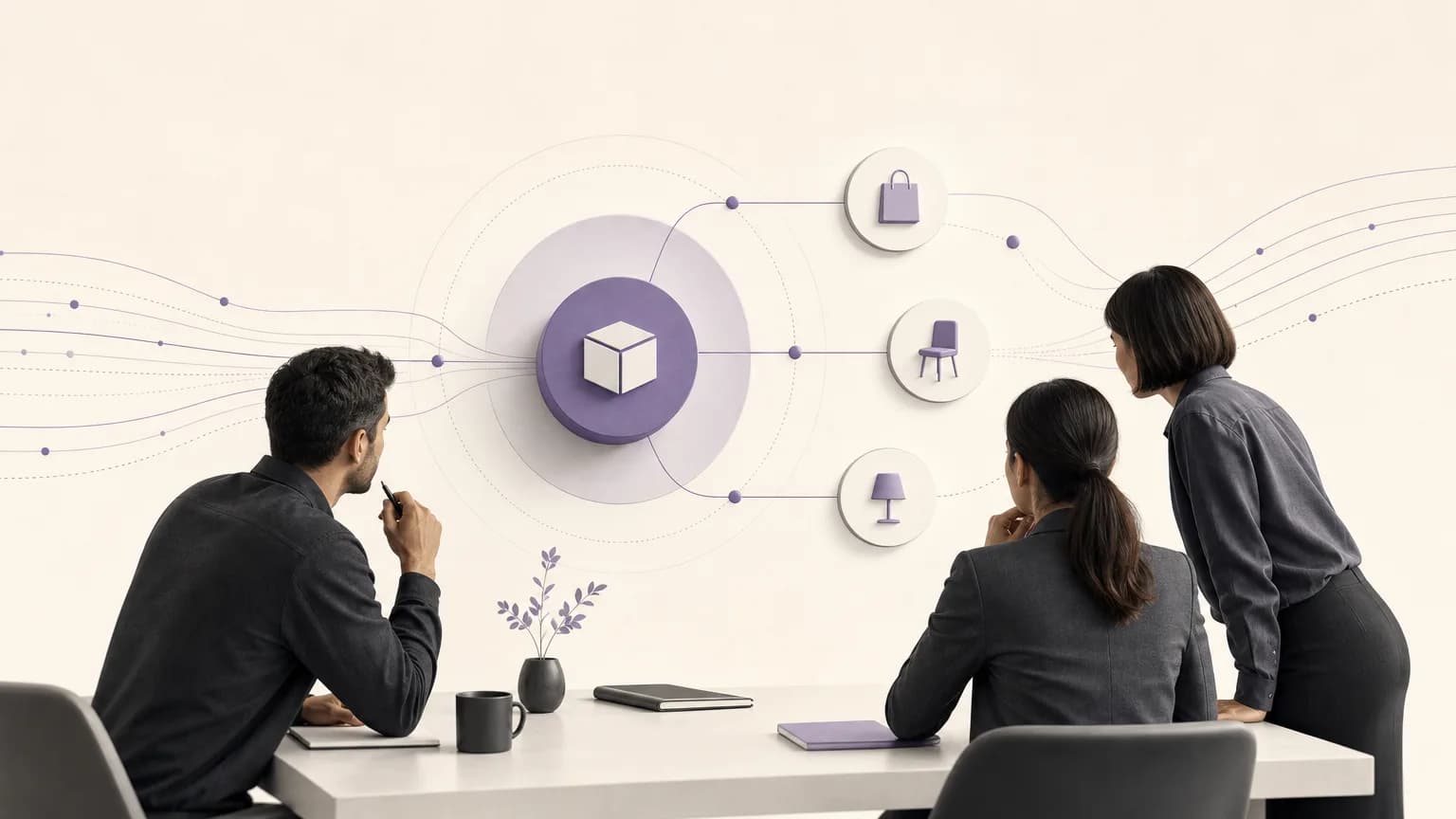 Sales team reviewing a customer’s concentration in one item while considering related categories in an abstract operational setting with ivory, charcoal, and muted purple tones