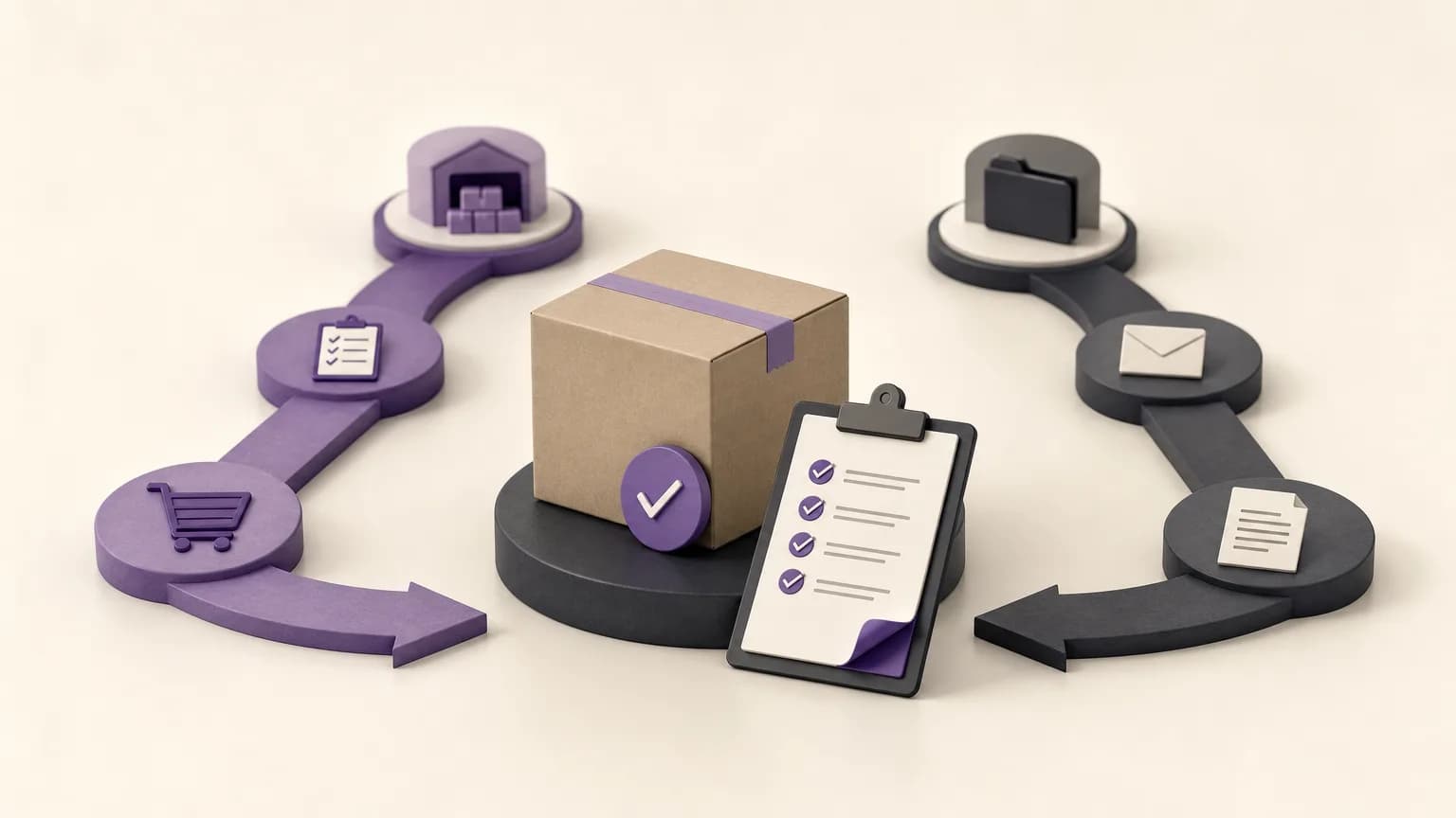Editorial illustration of a delivered order being reviewed against its invoicing status in an organized workflow