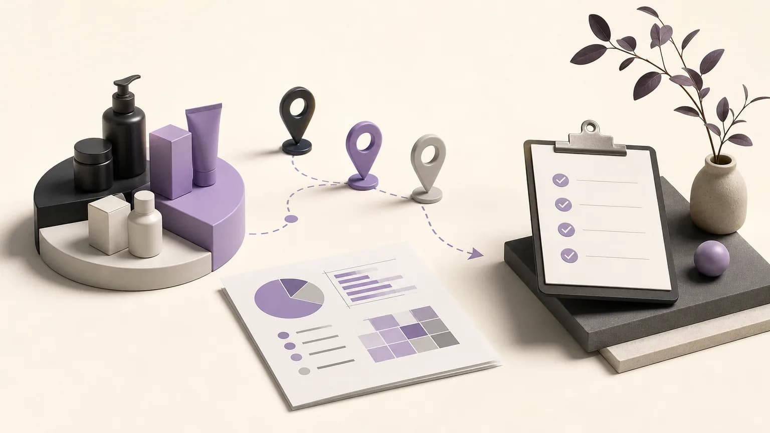 Editorial illustration of sales mix analysis and follow-up prioritization across items and branches