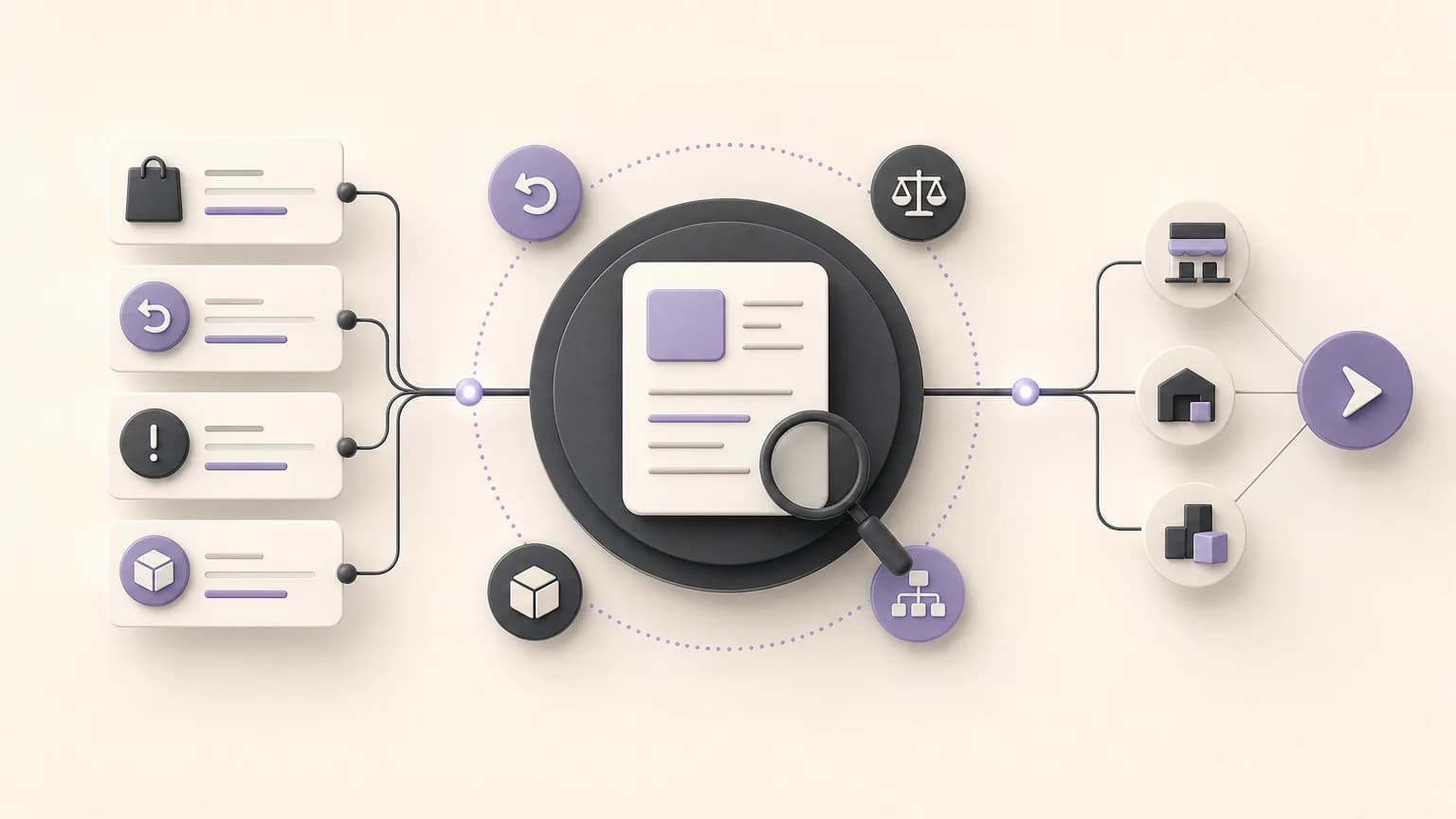Editorial illustration of reviewing daily sales exceptions and connecting an order or return to the next action