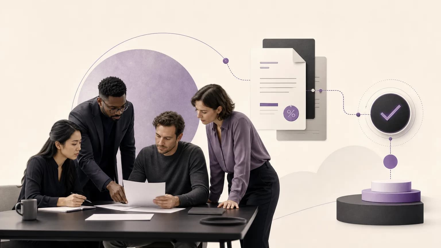 A team reviewing an unusual order discount in a shared operational context with ivory, charcoal, and muted purple tones