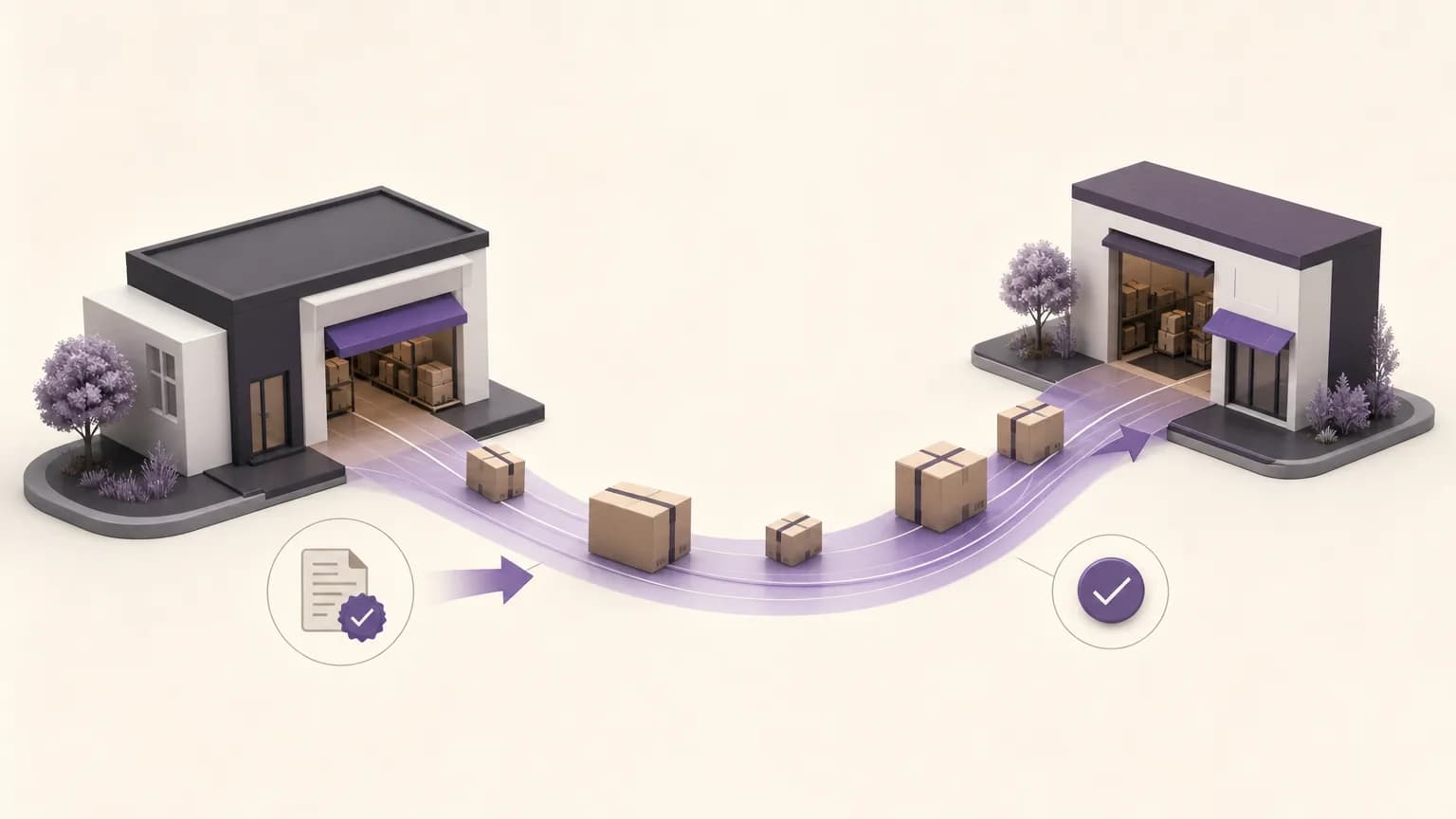 Editorial illustration of an inventory box moving between two branches with documentation and confirmation cues in ivory, charcoal, and muted purple.