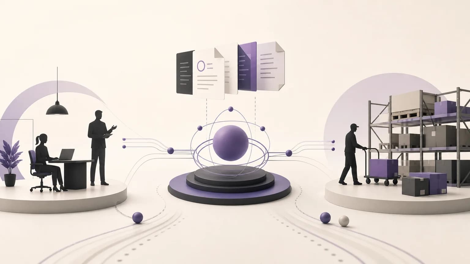 Editorial illustration of sales and inventory teams connected around shared order data in ivory, charcoal, and muted purple