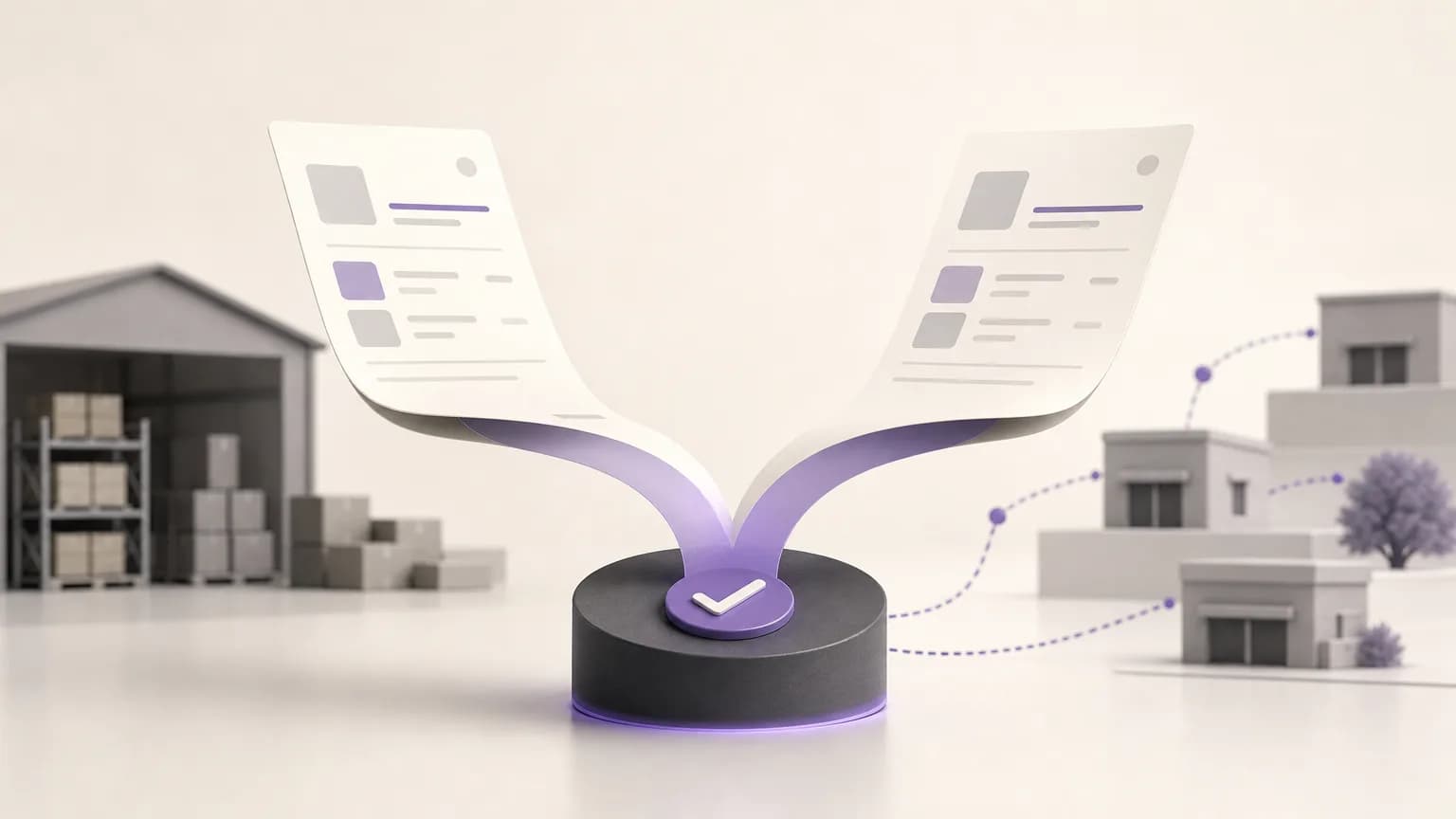 Abstract illustration of two similar orders moving toward a verification checkpoint before execution, in ivory, charcoal, and calm muted purple.