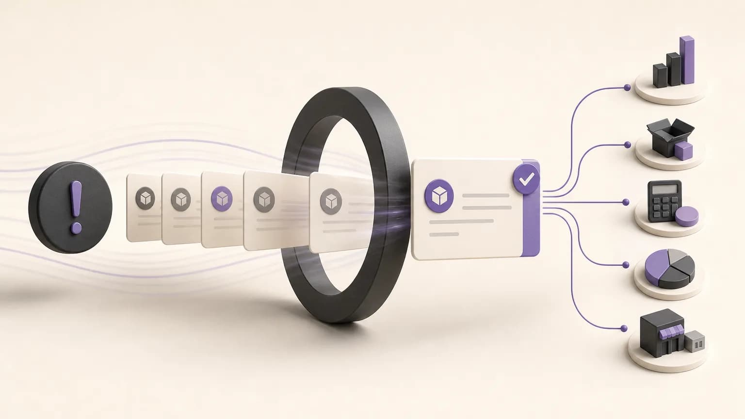 Operational scene showing overdue orders moving into a prioritized follow-up workflow in ivory, charcoal, and muted purple, with no text or logos