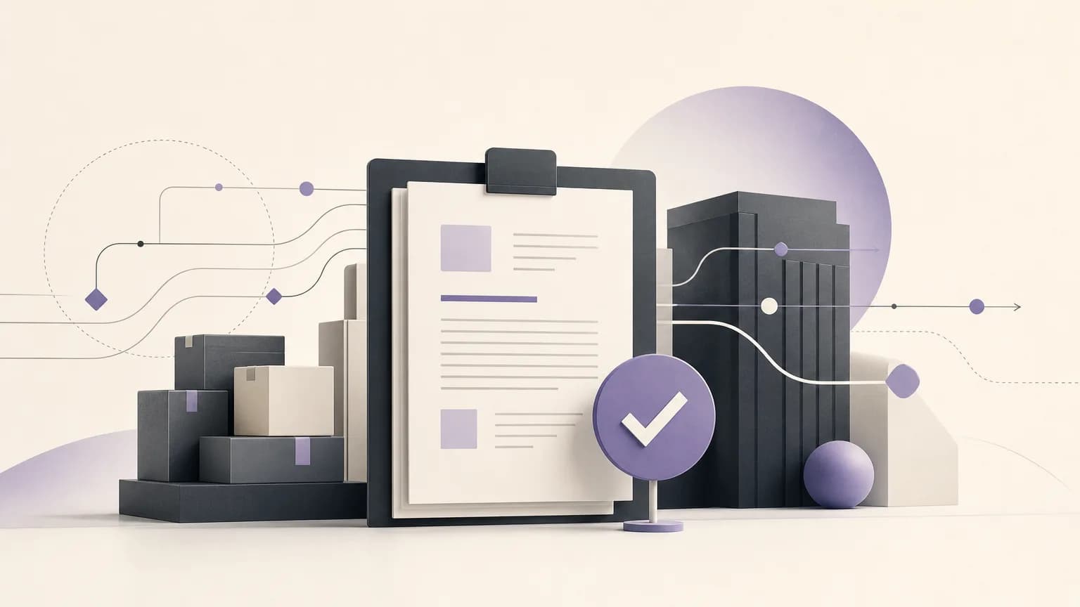 Editorial illustration of a sales performance review connecting orders to the next follow-up action in ivory, charcoal, and muted purple.