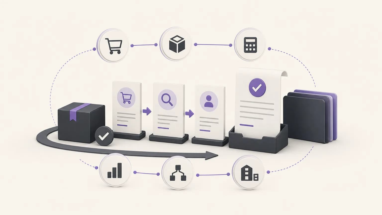 Editorial illustration of a completed order being reviewed before invoicing within an OrdertechERP operating workflow