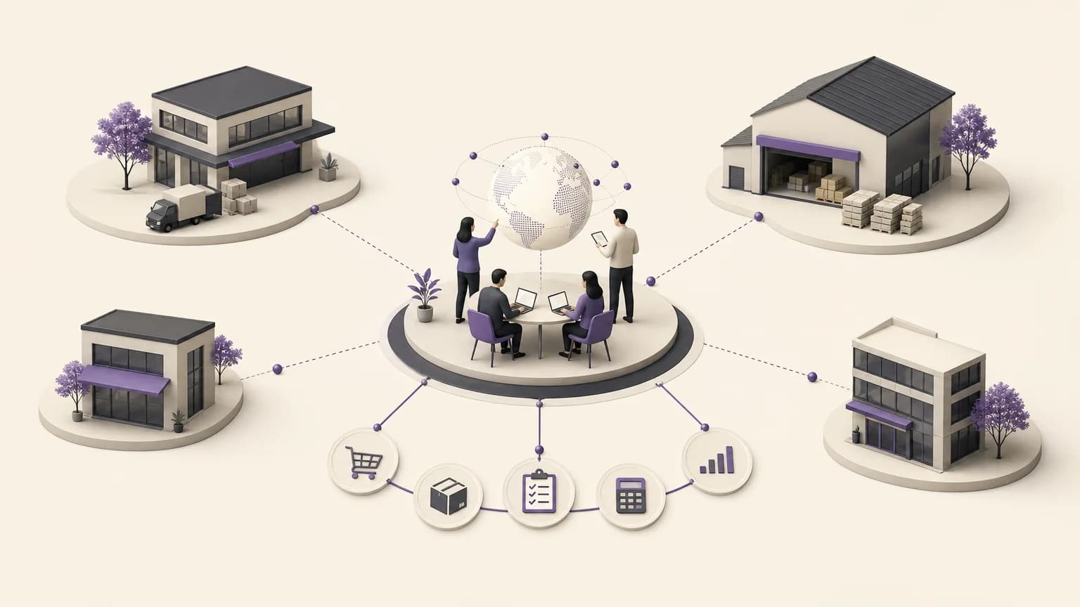 Illustration of comparing branch performance and connecting sales, orders, inventory, accounting, and reporting in a shared operating space