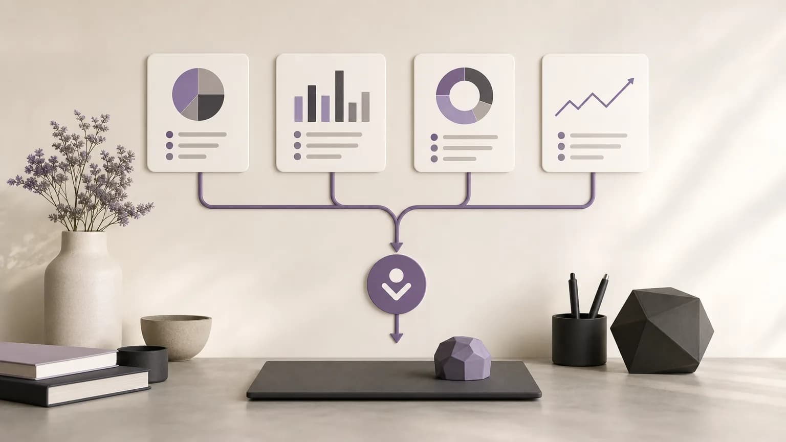 Abstract editorial illustration of connecting branch reports to a metric and an accountable action in ivory, charcoal, and muted purple tones