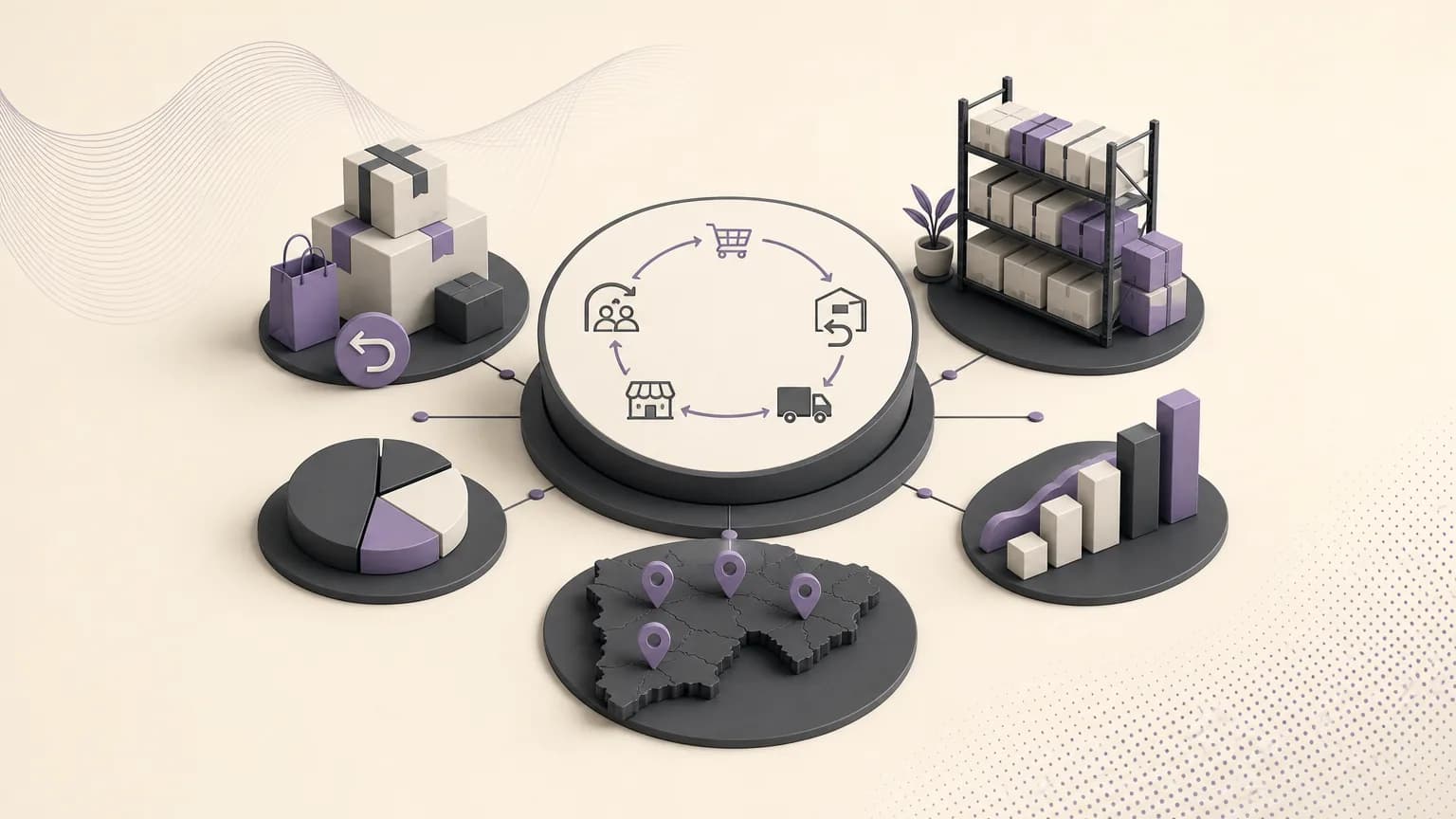 Editorial illustration of reviewing returns and connecting sales, inventory, and branch data