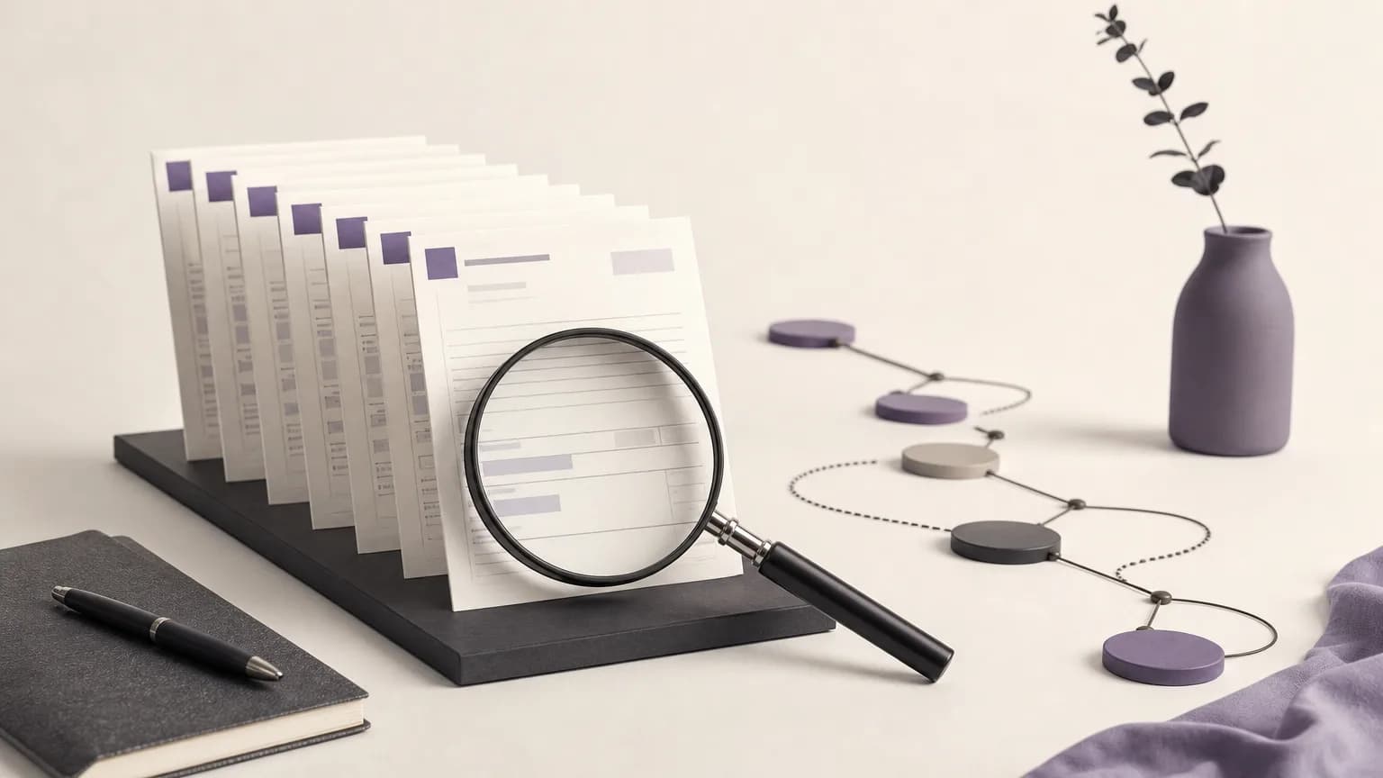 Editorial illustration of an organized invoice sequence review and accounting verification trail