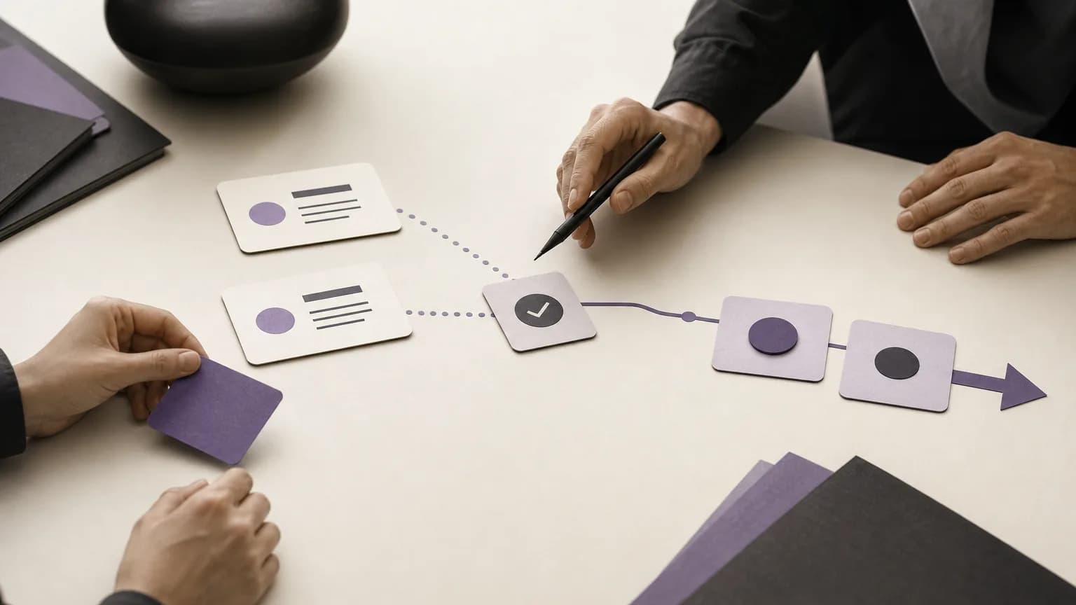 Accounting team reviewing unallocated receipts and customer balances with a clear follow-up path in ivory, charcoal, and muted purple