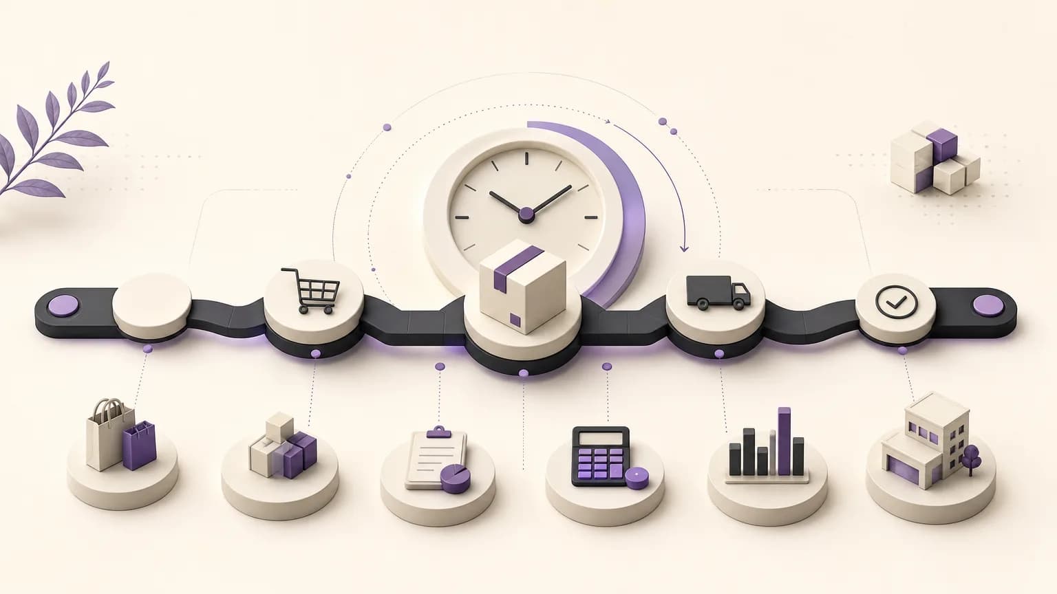 Editorial illustration of connected order fulfillment stages with time markers and linked operational teams in ivory, charcoal, and calm muted purple