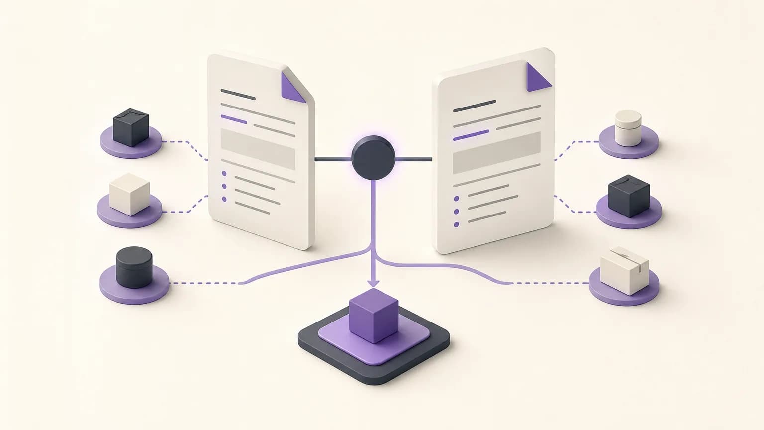 Editorial illustration of comparing item quantities between an order and an invoice within an operational review workflow