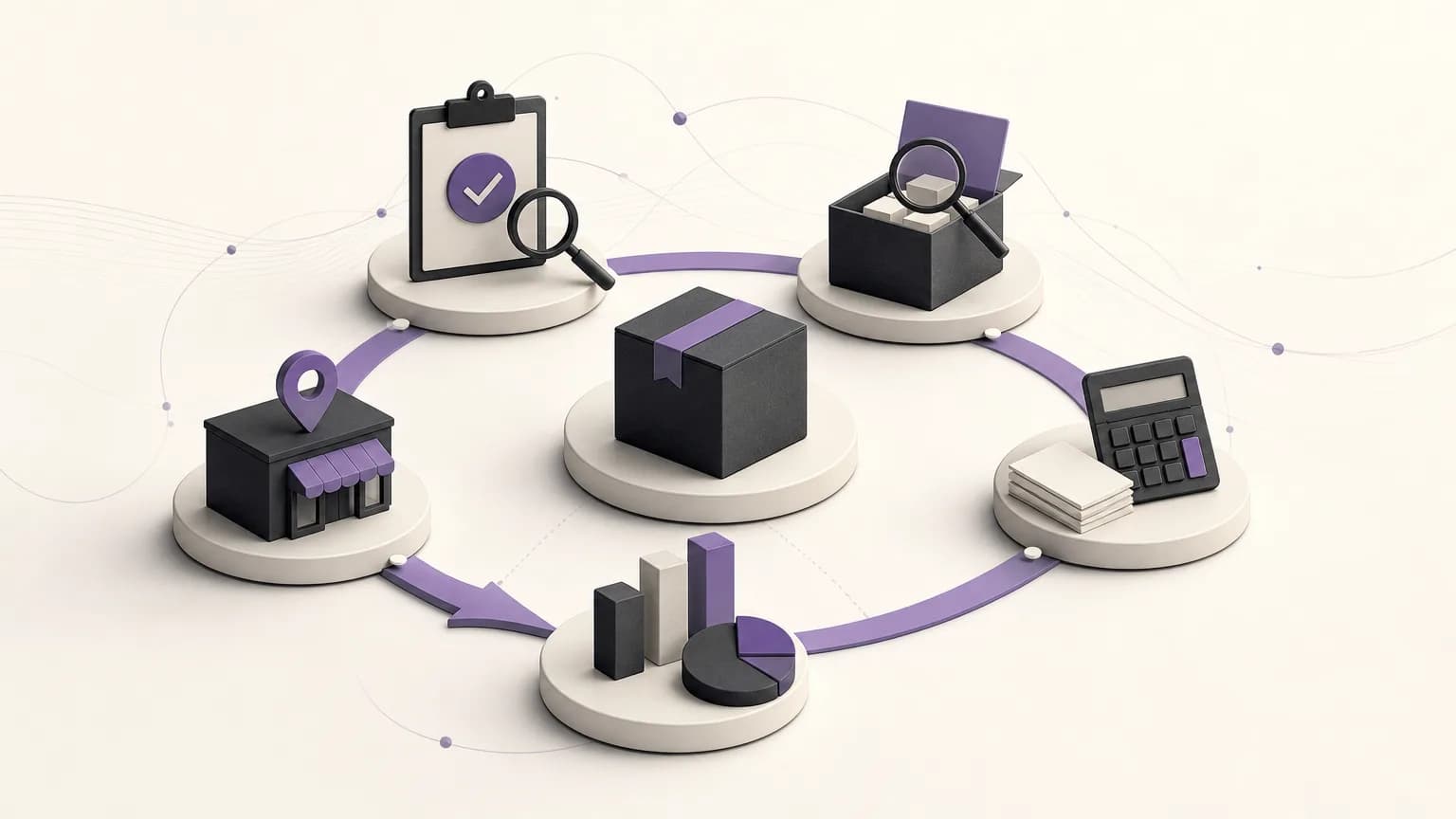 Illustration of a return review workflow connecting orders, inventory, accounting, and branches