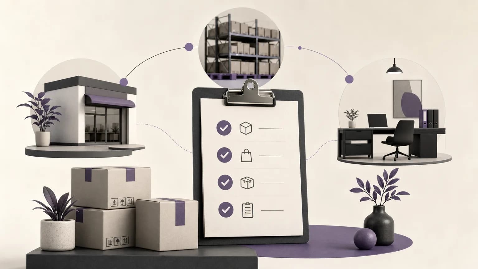 Editorial illustration of an inventory movement review connecting a warehouse, branches, and operational records in ivory, charcoal, and muted purple tones.