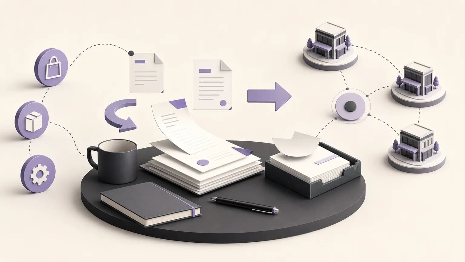 Editorial illustration of a month-end review connecting invoices, returns, and collections in a shared operating workspace, using ivory, charcoal, and muted soft purple.
