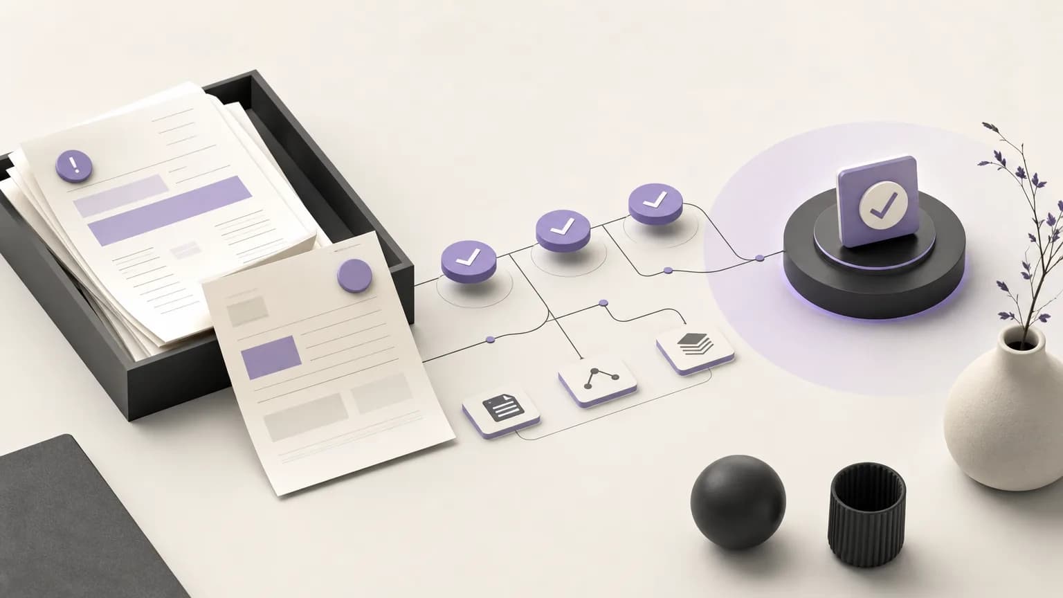 Abstract customer balance reconciliation scene connecting invoices, collections, and the next resolution step in ivory, charcoal, and muted purple.