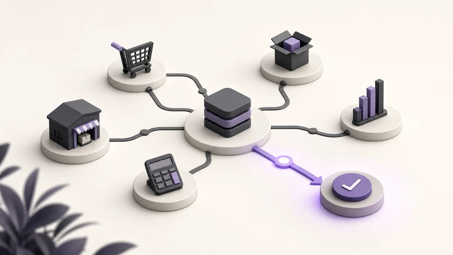 Editorial illustration of connected operational paths across orders, sales, inventory, accounting, and branches, with the next step subtly highlighted