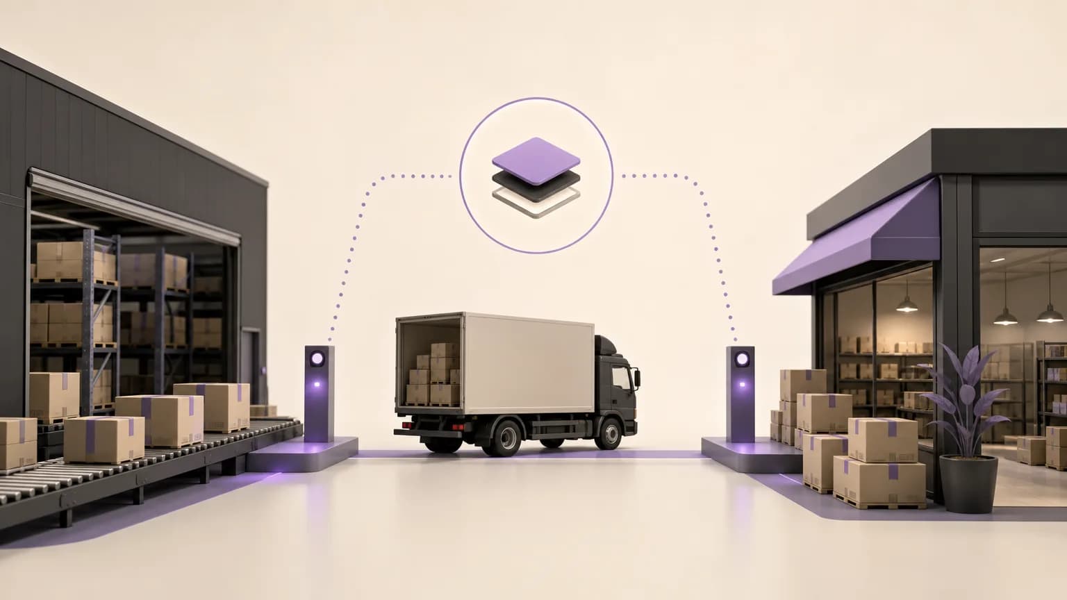 Illustration of an inventory transfer review between two branches, from dispatch to receipt confirmation