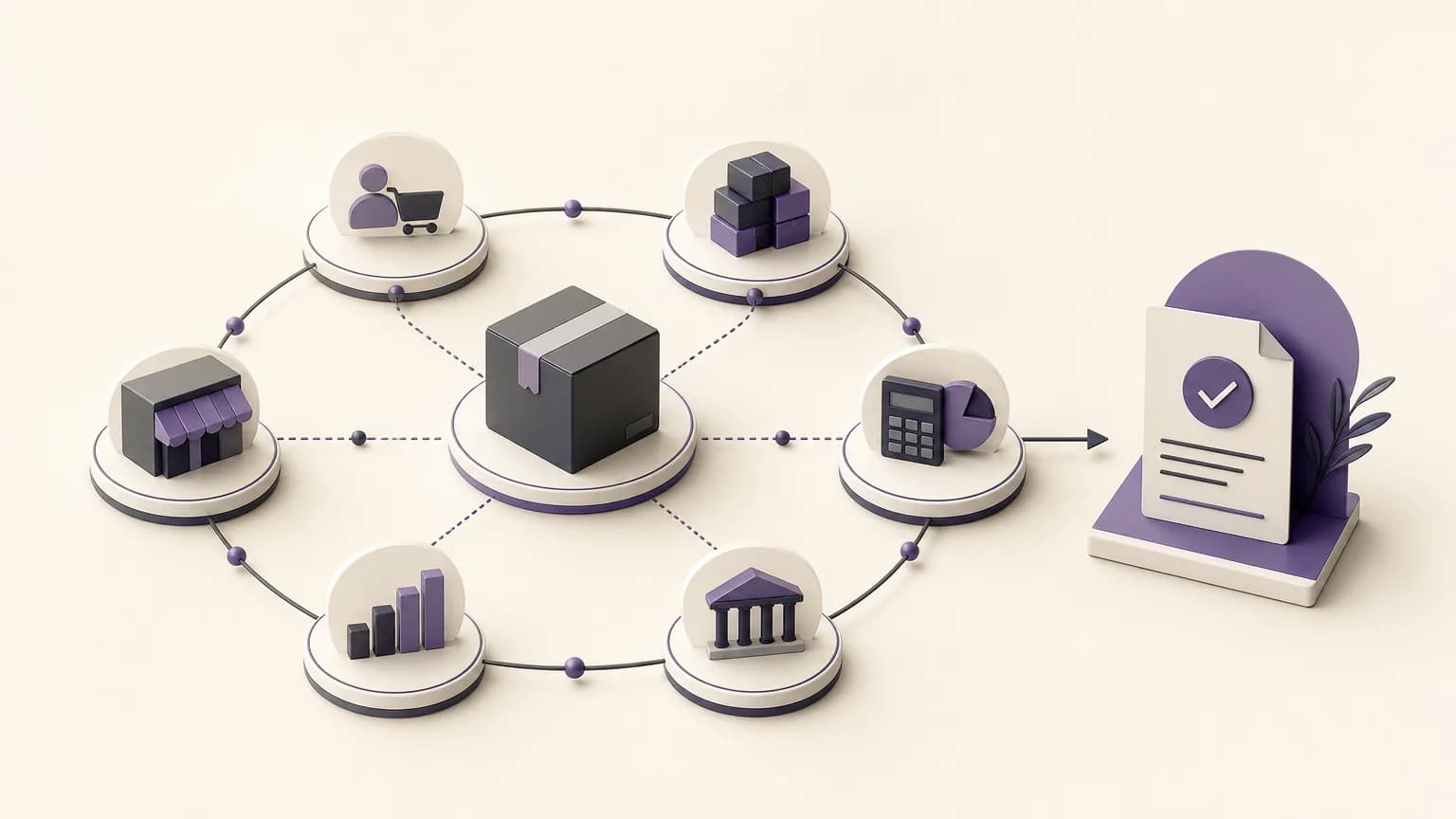 Editorial illustration of an order connected to sales, inventory, accounting, reporting, and branches