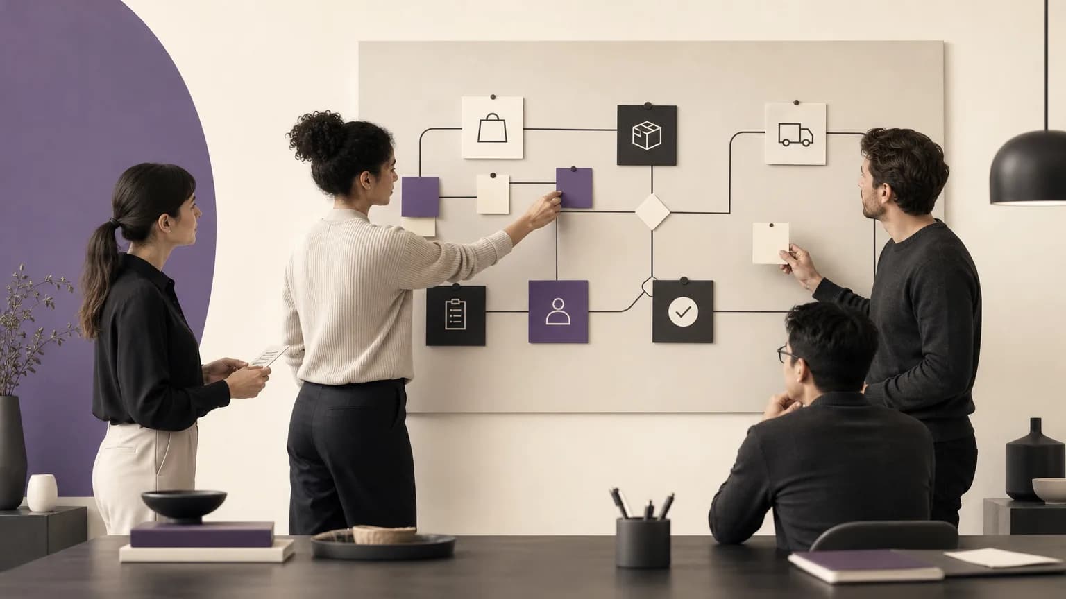 Operations team reviewing order completeness and approval steps before execution in ivory, charcoal, and muted purple tones