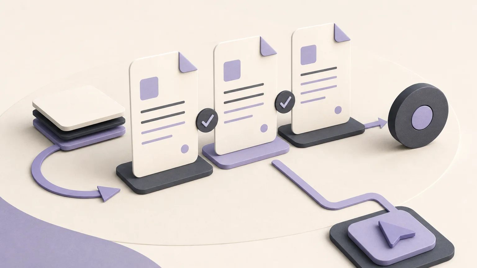 Editorial illustration of a review checklist linking invoices, returns, and collections to an assigned next action and owner.