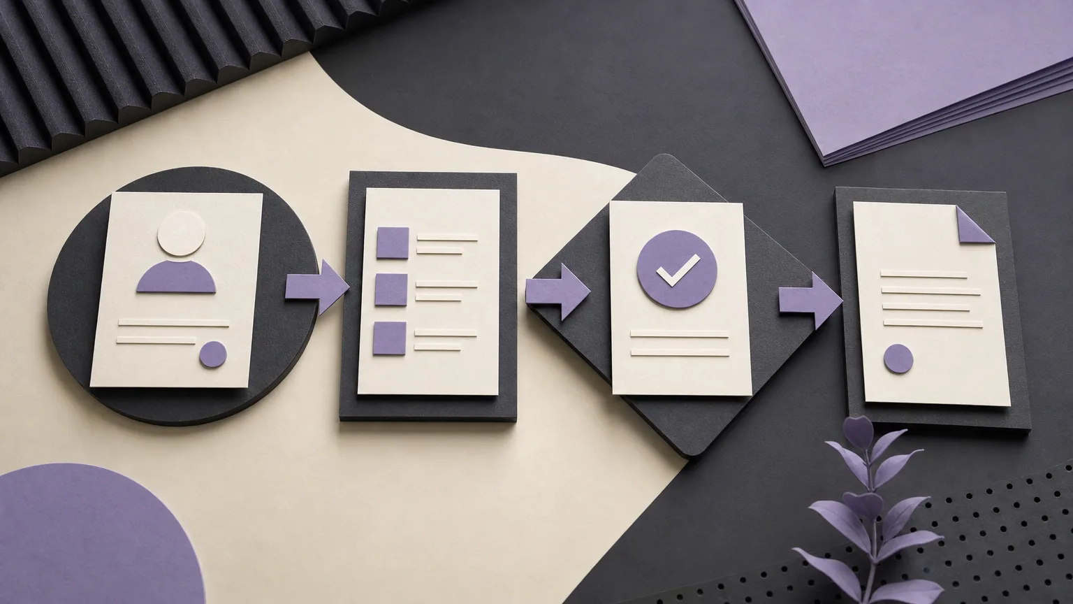 Editorial workflow illustration showing an order moving from customer and item review to approval and the next action