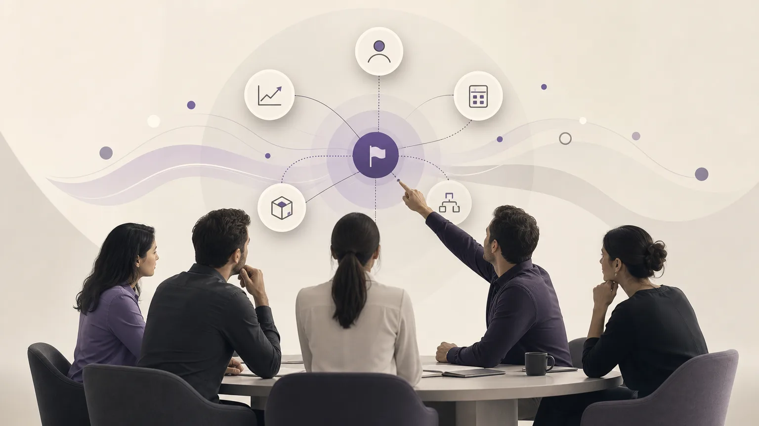Editorial illustration of sales, accounting, inventory, and reporting teams assigning ownership for a transaction under review