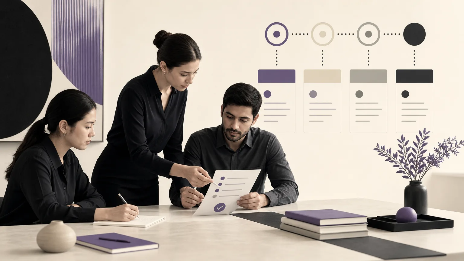 Editorial illustration of an accounting team reviewing sales statuses, reports, and a follow-up checklist
