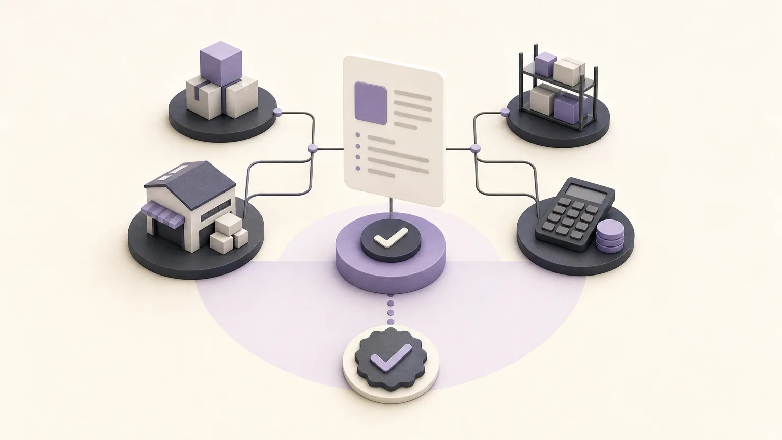 Editorial illustration linking the item, order, and branch to a verification step before approval