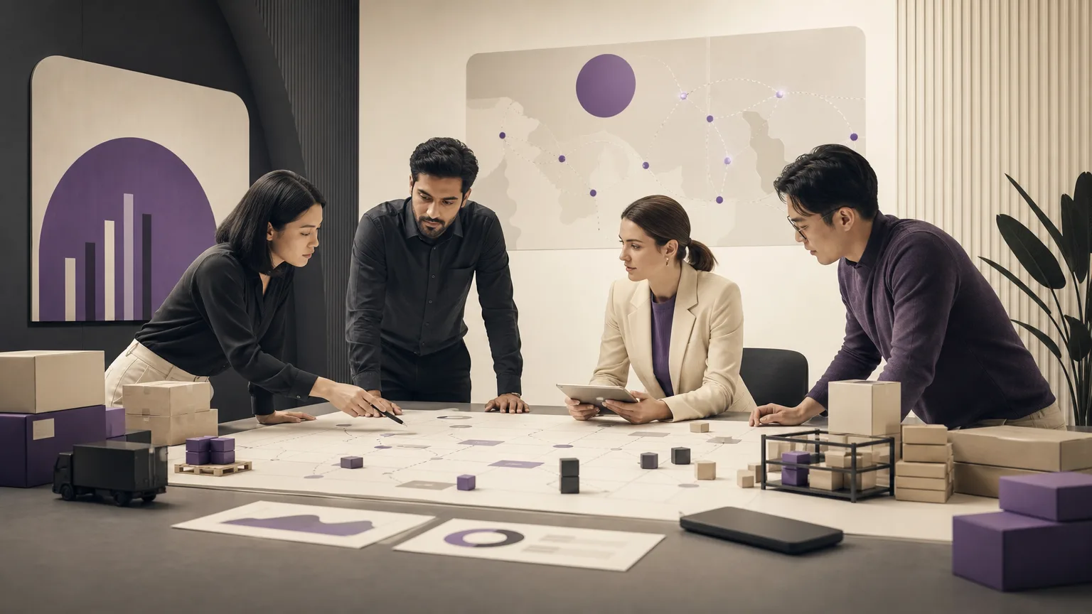Operations team reviewing item movement and branch priorities around shared records, without text or fictional interfaces