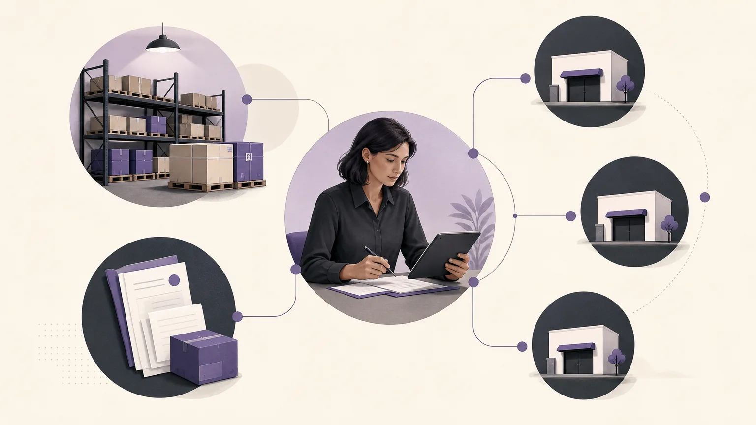 Editorial scene of a shared review between inventory, orders, and purchasing teams