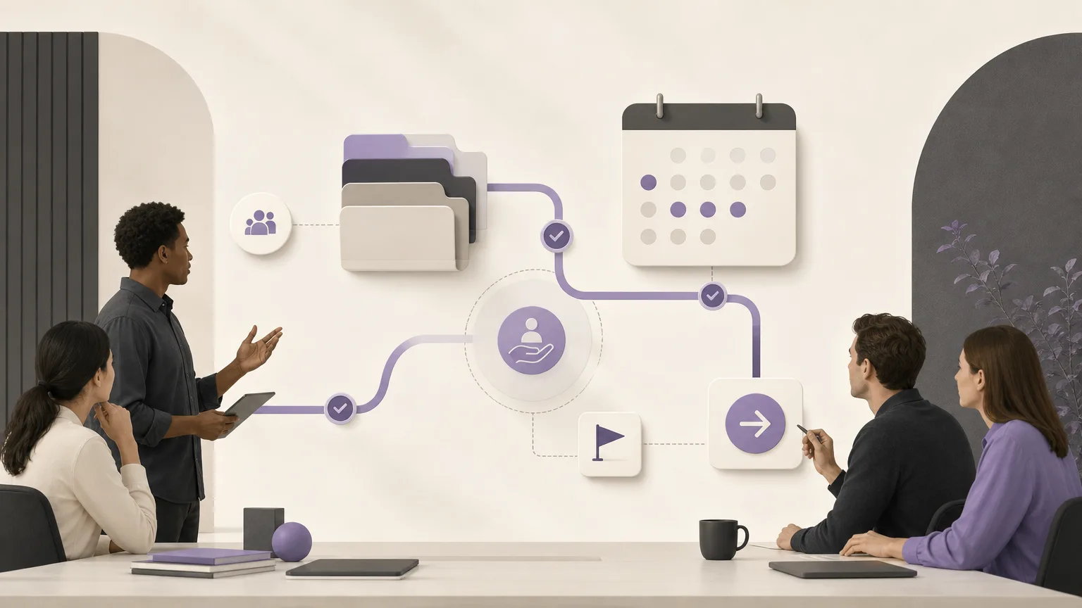 Illustration of accounting and sales coordinating the next step in receivables follow-up