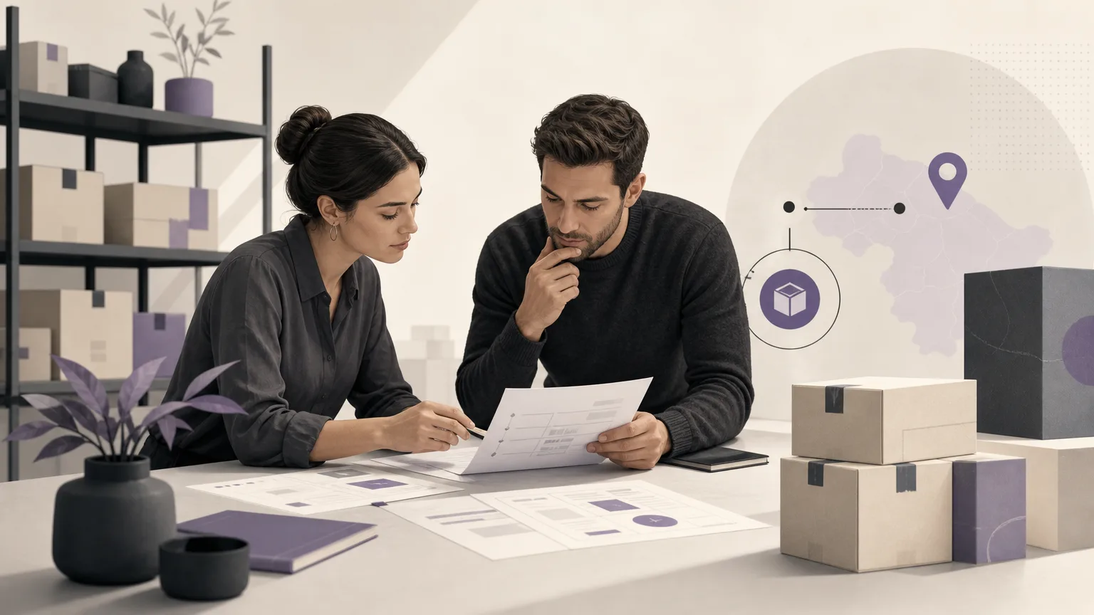 Operations team reviewing similar order details before fulfillment, with abstract inventory, branch, and human verification elements.