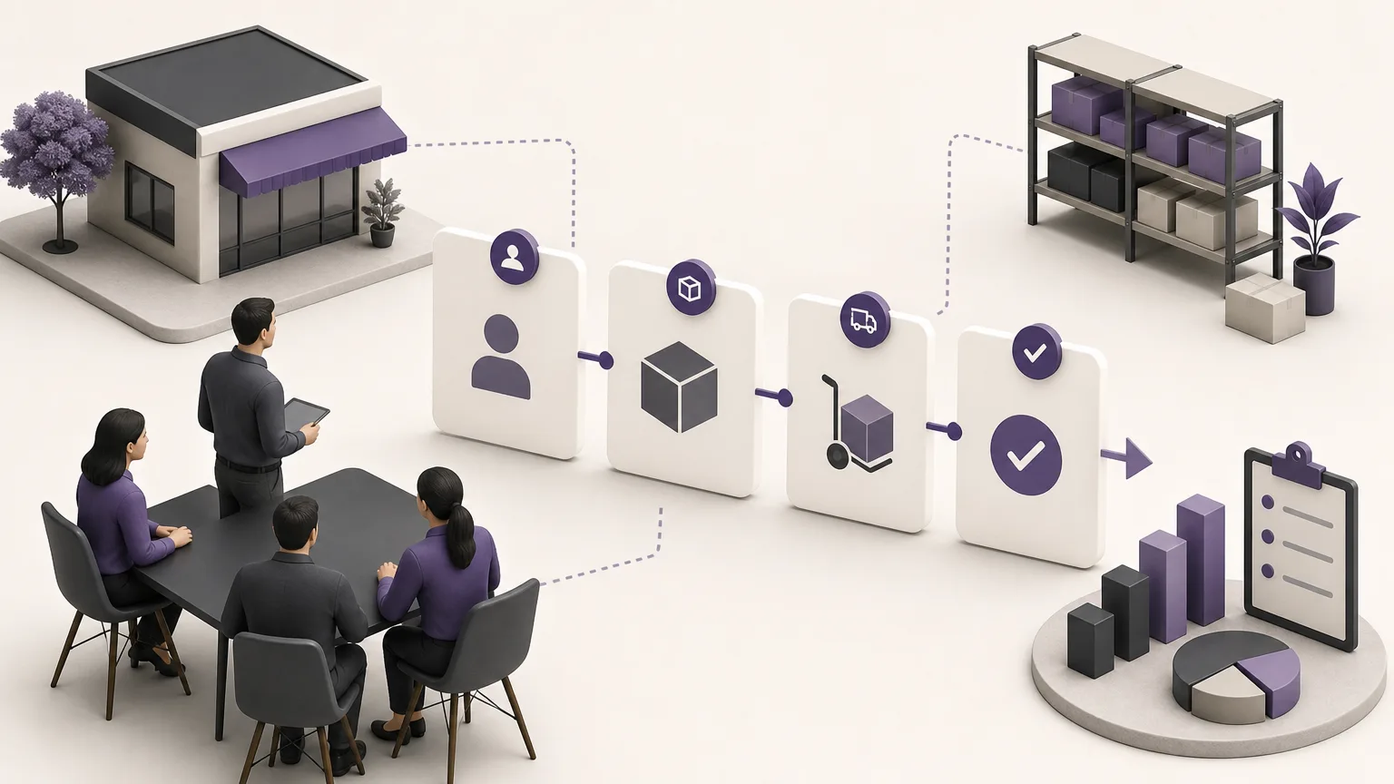 Editorial illustration showing a branch order moving from ownership assignment to execution follow-up