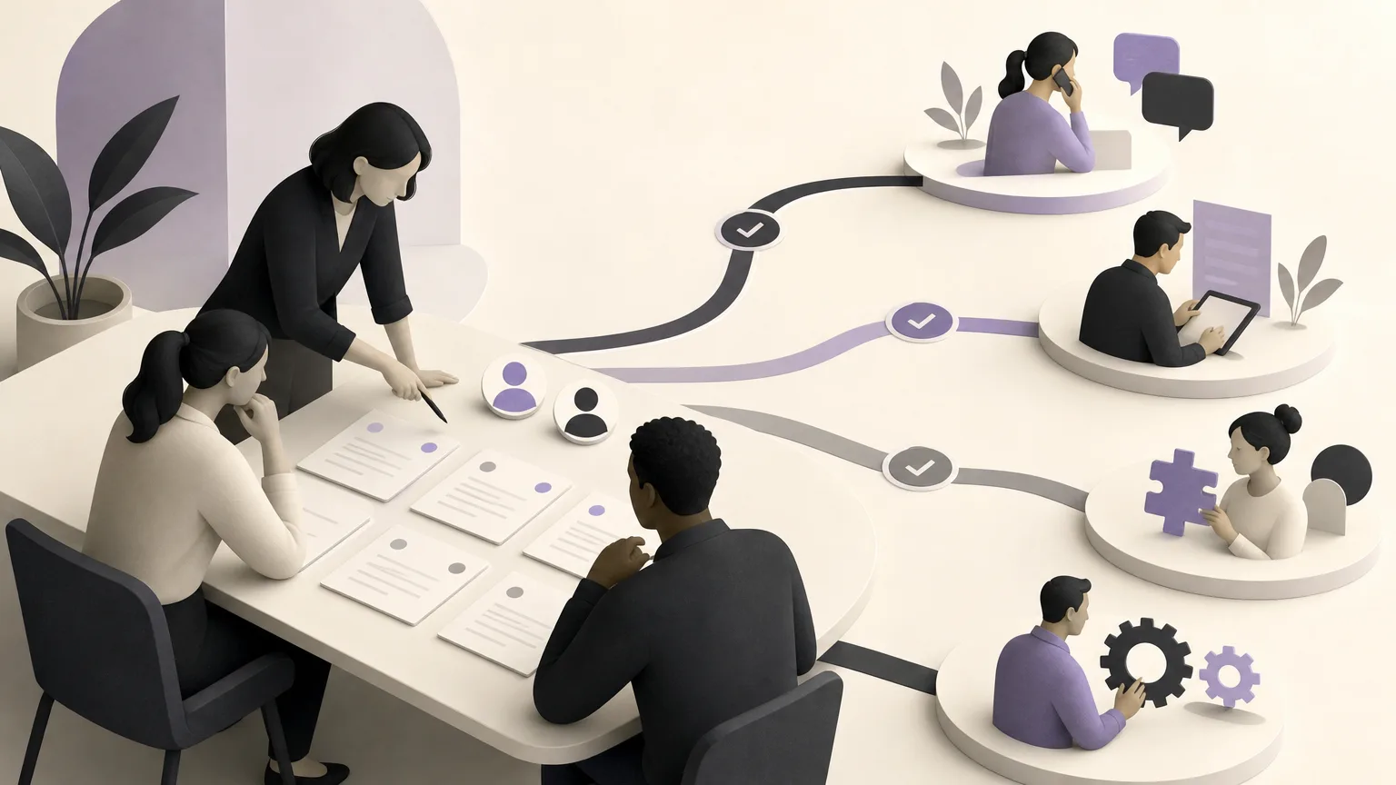 Editorial illustration of a team reviewing unconverted quotes, classifying stall reasons, and assigning ownership for the next step