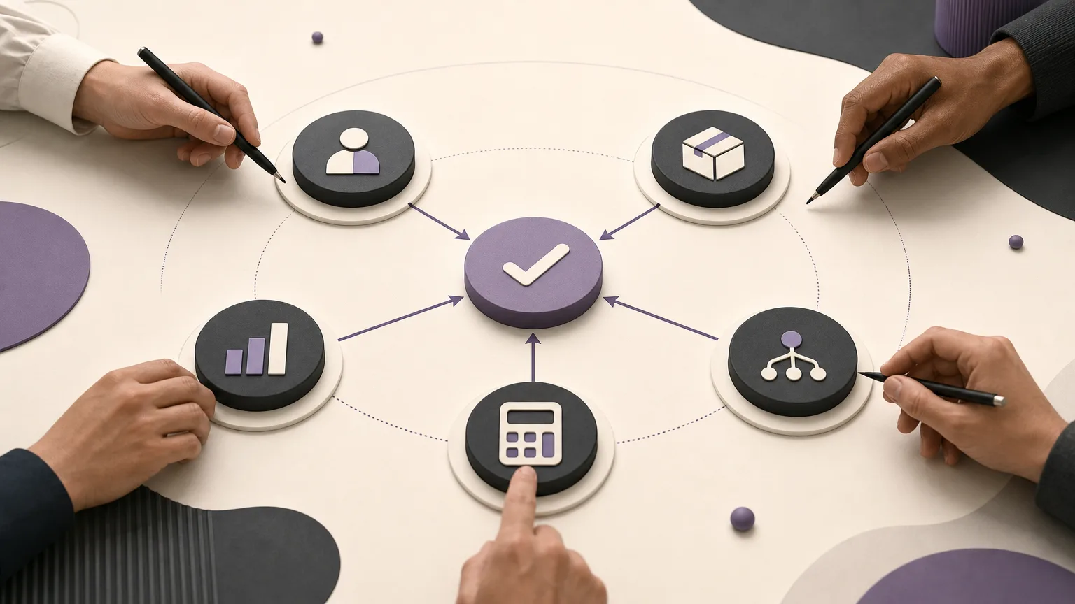 Editorial illustration of sales, inventory, accounting, reporting, and branch teams coordinating on the next action