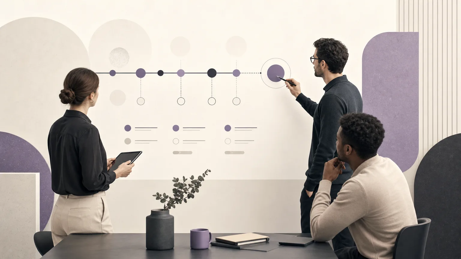Editorial illustration of a team reviewing order dates and statuses and assigning the next action in a shared operational view