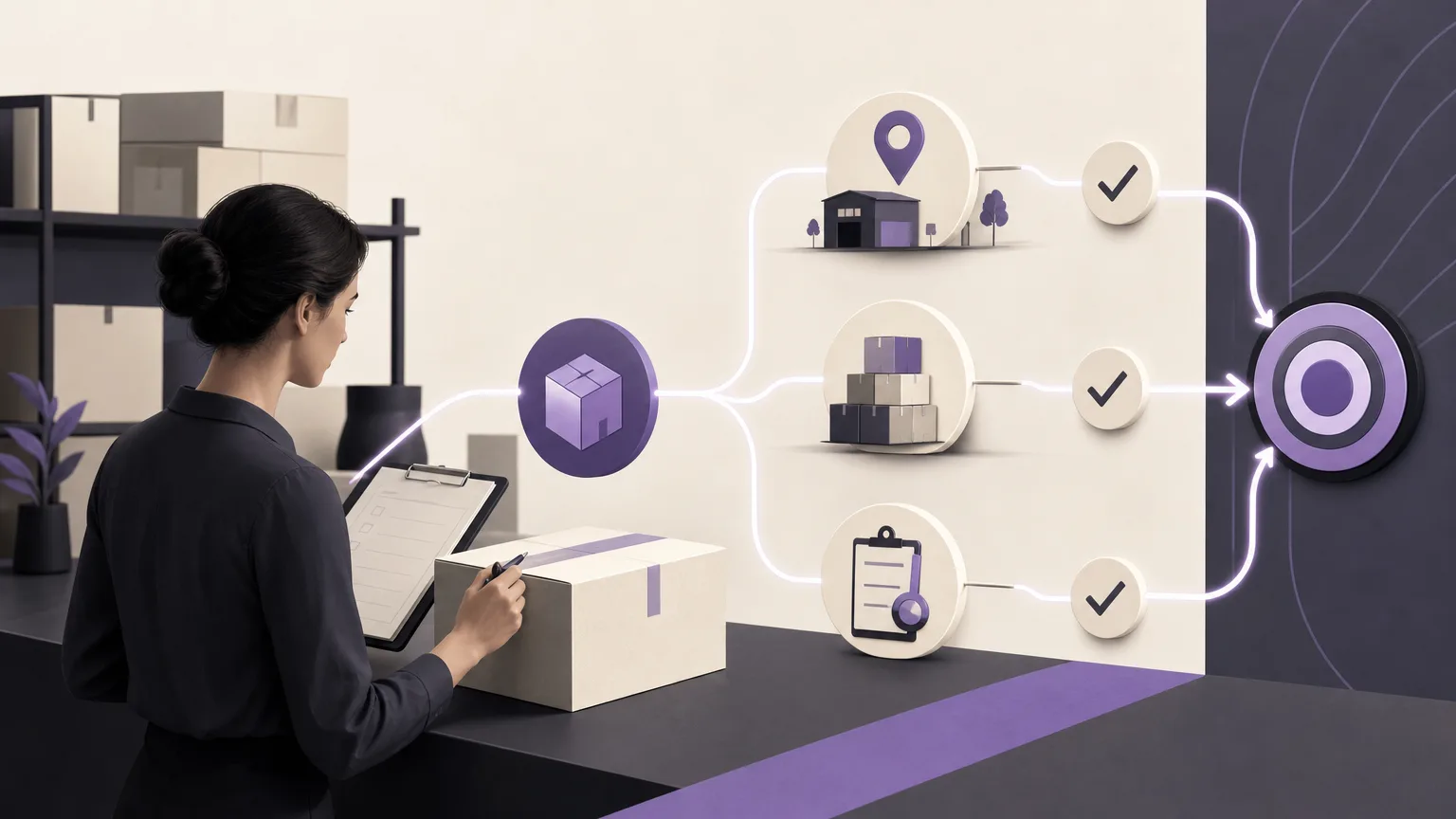 Editorial illustration of an inventory reviewer checking an unexplained movement by item, quantity, branch, and status.