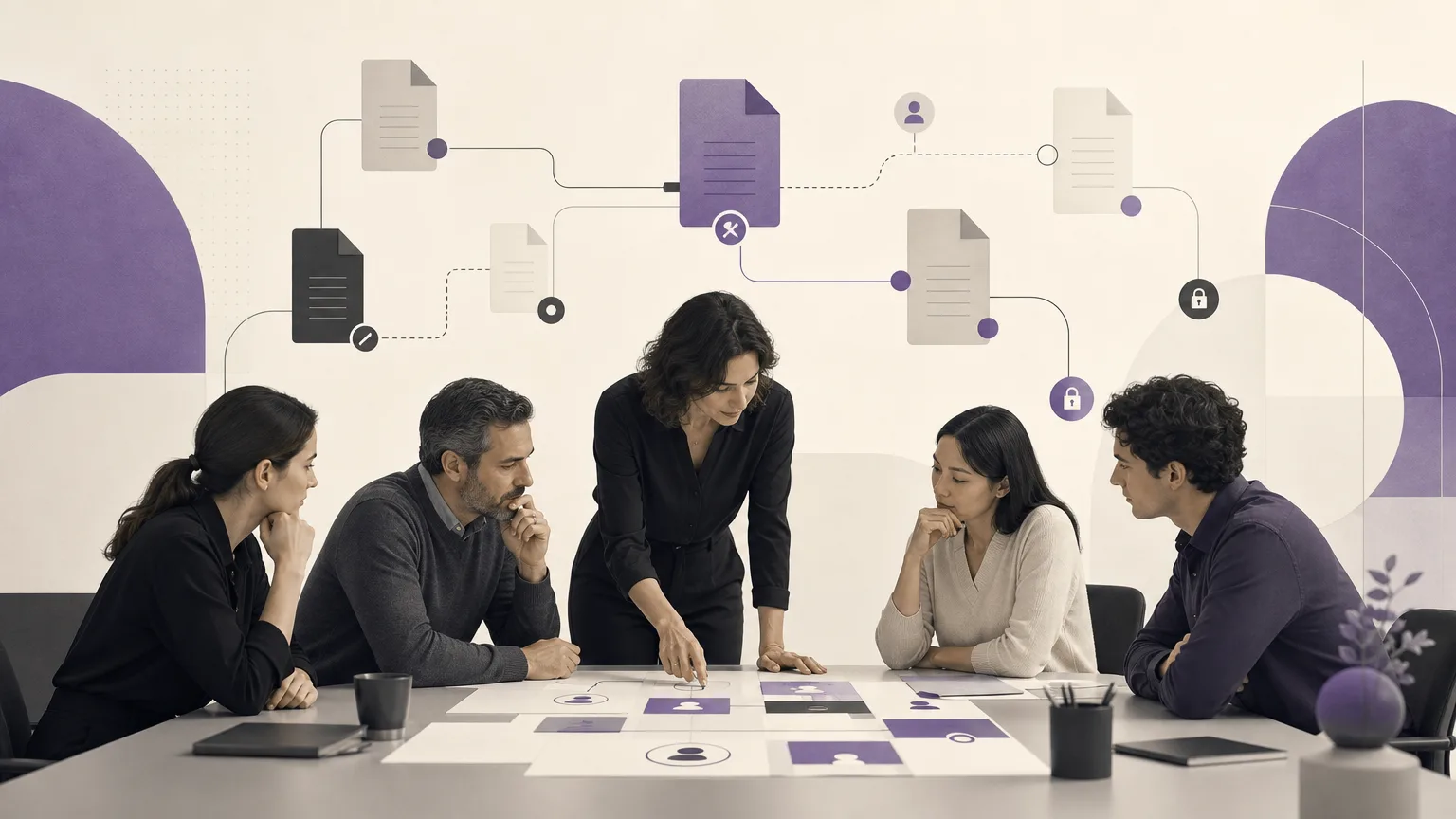 Illustration of sales, inventory, accounting, reporting, and branch teams coordinating on stalled transactions